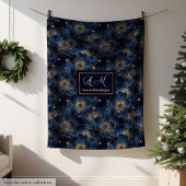 Elegant Navy Gold Blanket Custom Name Floral Art フリースブランケット