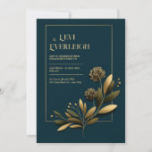 Elegant Navy Gold Botanical Wedding 招待状 (正面)