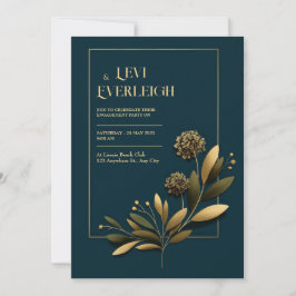 Elegant Navy Gold Botanical Wedding 招待状