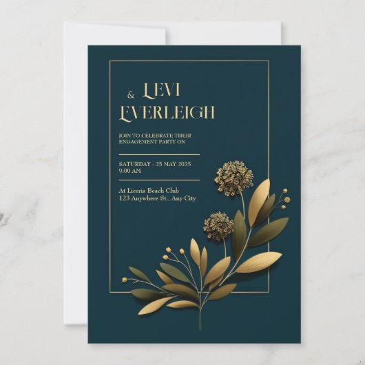 Elegant Navy Gold Botanical Wedding 招待状 (正面)