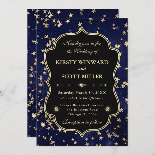 Elegant Navy & Gold Celestial Starry Wedding 招待状 (正面/裏面)