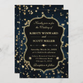 Elegant Navy & Gold Celestial Starry Wedding 招待状 (正面/裏面)