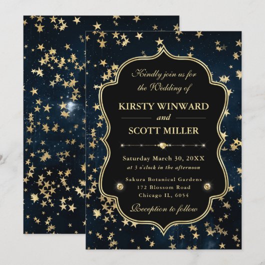 Elegant Navy & Gold Celestial Starry Wedding 招待状 (正面/裏面)
