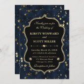 Elegant Navy & Gold Celestial Starry Wedding 招待状 (正面/裏面)