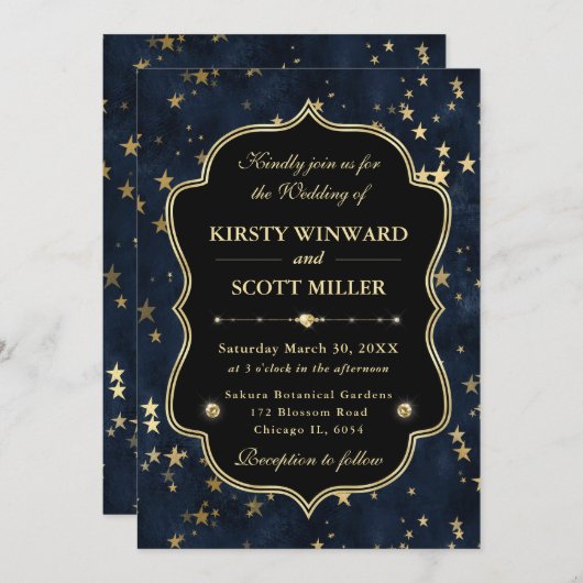 Elegant Navy & Gold Celestial Starry Wedding 招待状 (正面/裏面)