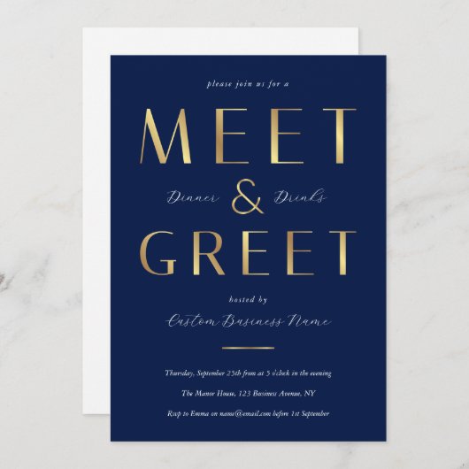 Elegant Navy & Gold Corporate Dinner Business 招待状 (正面/裏面)