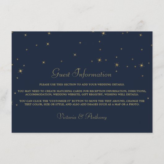 Elegant Navy & Gold Falling Stars Wedding Detail エンクロージャーカード (正面)