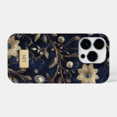 Elegant Navy Gold Floral Phone Case iPhoneケース (裏面横)