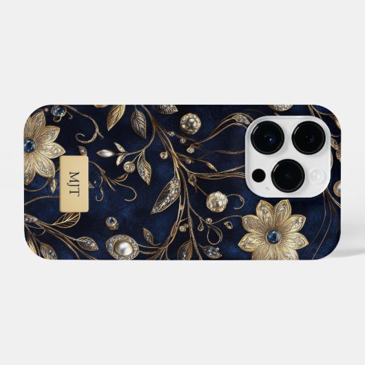 Elegant Navy Gold Floral Phone Case iPhoneケース (裏面横)