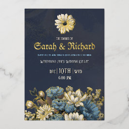 Elegant Navy Gold Foil Floral Invite 箔招待状