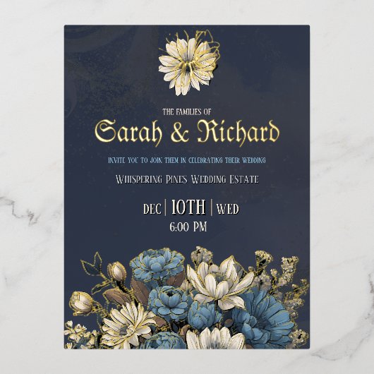 Elegant Navy Gold Foil Wedding Postcard 箔招待状ポストカード (正面)