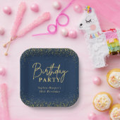 Elegant Navy Gold Glitter Confetti Birthday Party ペーパープレート (パーティー)