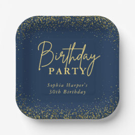 Elegant Navy Gold Glitter Confetti Birthday Party ペーパープレート