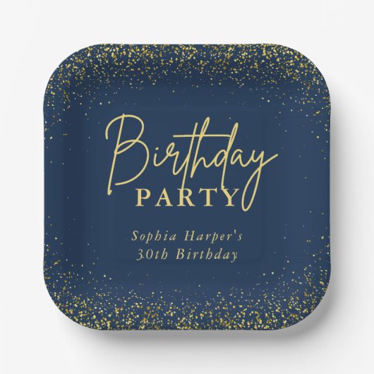 Elegant Navy Gold Glitter Confetti Birthday Party ペーパープレート (正面)