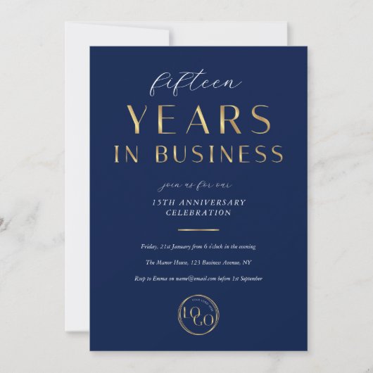 Elegant Navy & Gold Logo Business Anniversary 招待状 (正面)