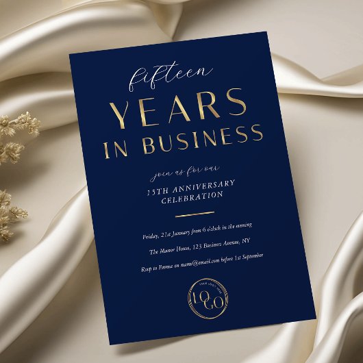 Elegant Navy & Gold Logo Business Anniversary 招待状