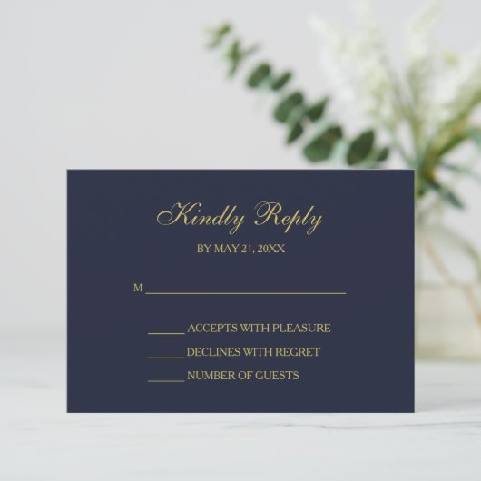 Elegant Navy & Gold Script RSVP Cards (スタンド正面)