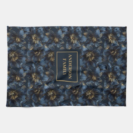 Elegant Navy Gold Towel Custom Name Kitchen Art キッチンタオル (横)