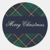 Elegant Navy Green Plaid Christmas ラウンドシール (正面)