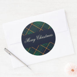 Elegant Navy Green Plaid Christmas ラウンドシール