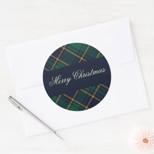 Elegant Navy Green Plaid Christmas ラウンドシール (封筒)
