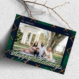 Elegant Navy Green Plaid Happy Holidays シーズンカード