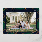Elegant Navy Green Plaid Happy Holidays 箔シーズンカード (正面)