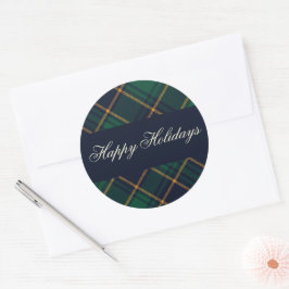 Elegant Navy Green Plaid Holiday ラウンドシール