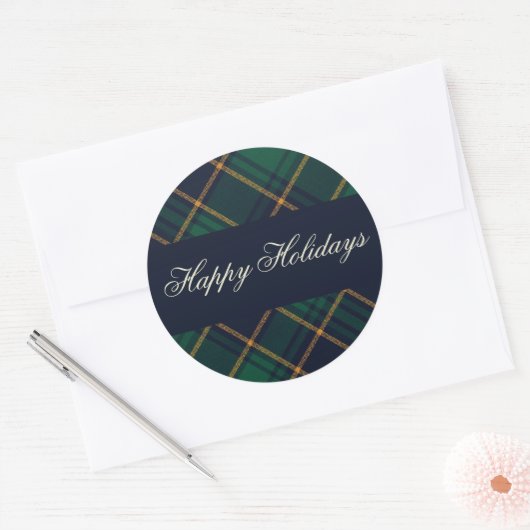 Elegant Navy Green Plaid Holiday ラウンドシール (封筒)