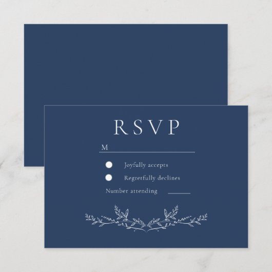 Elegant Navy Leaf Line Art Wedding  出欠カード (正面/裏面)