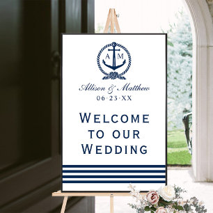 Elegant Navy Nautical Wedding Monogram Welcome ポスター