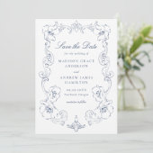 Elegant Navy Ornate Floral Frame Wedding セーブザデート (スタンド正面)