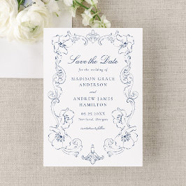 Elegant Navy Ornate Floral Frame Wedding セーブザデート