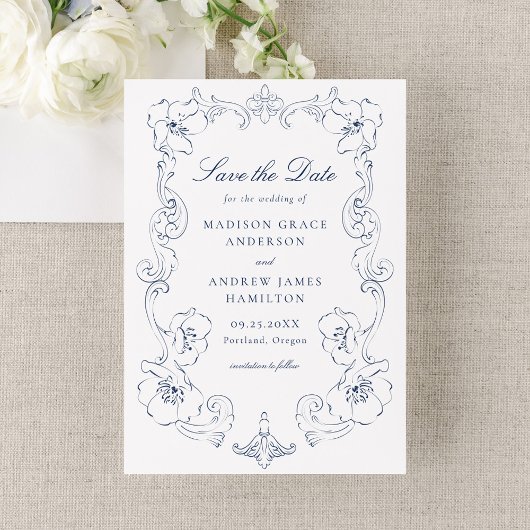 Elegant Navy Ornate Floral Frame Wedding セーブザデート