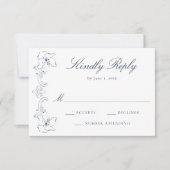 Elegant Navy Ornate Floral Frame Wedding 出欠カード (正面)