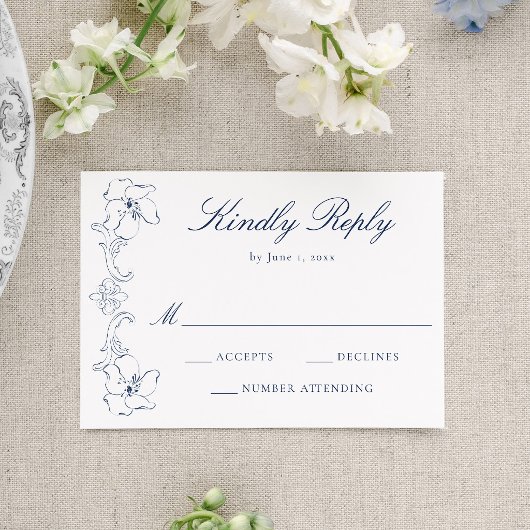 Elegant Navy Ornate Floral Frame Wedding 出欠カード