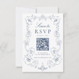 Elegant Navy Ornate Floral QR Code Wedding 出欠カード