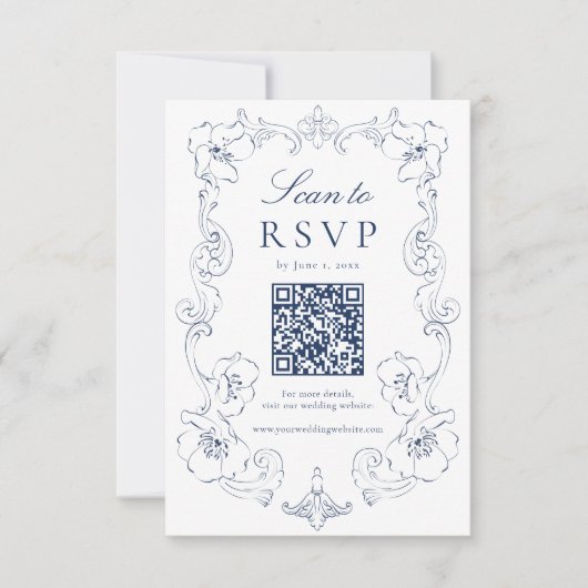 Elegant Navy Ornate Floral QR Code Wedding 出欠カード (正面)