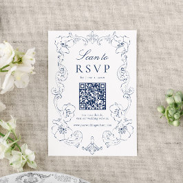 Elegant Navy Ornate Floral QR Code Wedding 出欠カード