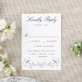 Elegant Navy Ornate Floral Wedding 出欠カード