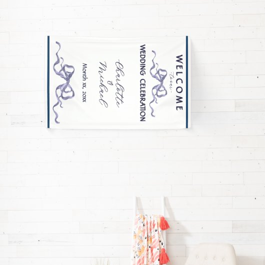 Elegant Navy Ribbon Romantic Wedding Banner 横断幕 (インサイチュ)