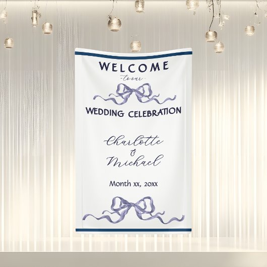 Elegant Navy Ribbon Romantic Wedding Banner 横断幕
