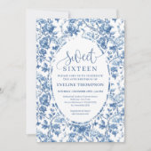 Elegant Navy Roses Digital Floral Sweet Sixteen 招待状 (正面)