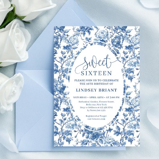 Elegant Navy Roses Digital Floral Sweet Sixteen 招待状