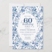Elegant Navy Roses French Toile 60th Birthday 招待状 (正面)