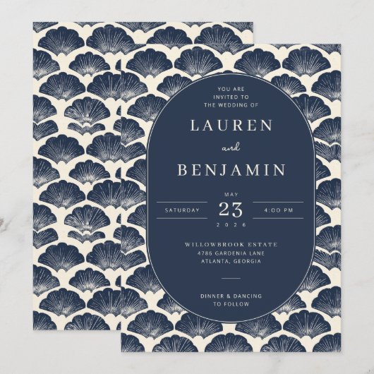 Elegant Navy Seashell Wedding Invitation 招待状 (正面/裏面)