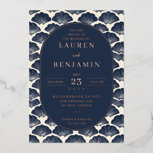 Elegant Navy Seashell Wedding Invitation 箔招待状 (正面)