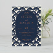 Elegant Navy Seashell Wedding Invitation 箔招待状 (立ち正面)