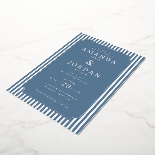 Elegant Navy Striped Wedding Invitation 箔招待状 (回転した状態)