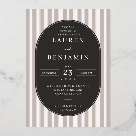 Elegant Navy Striped Wedding Invitation 箔招待状 (正面)